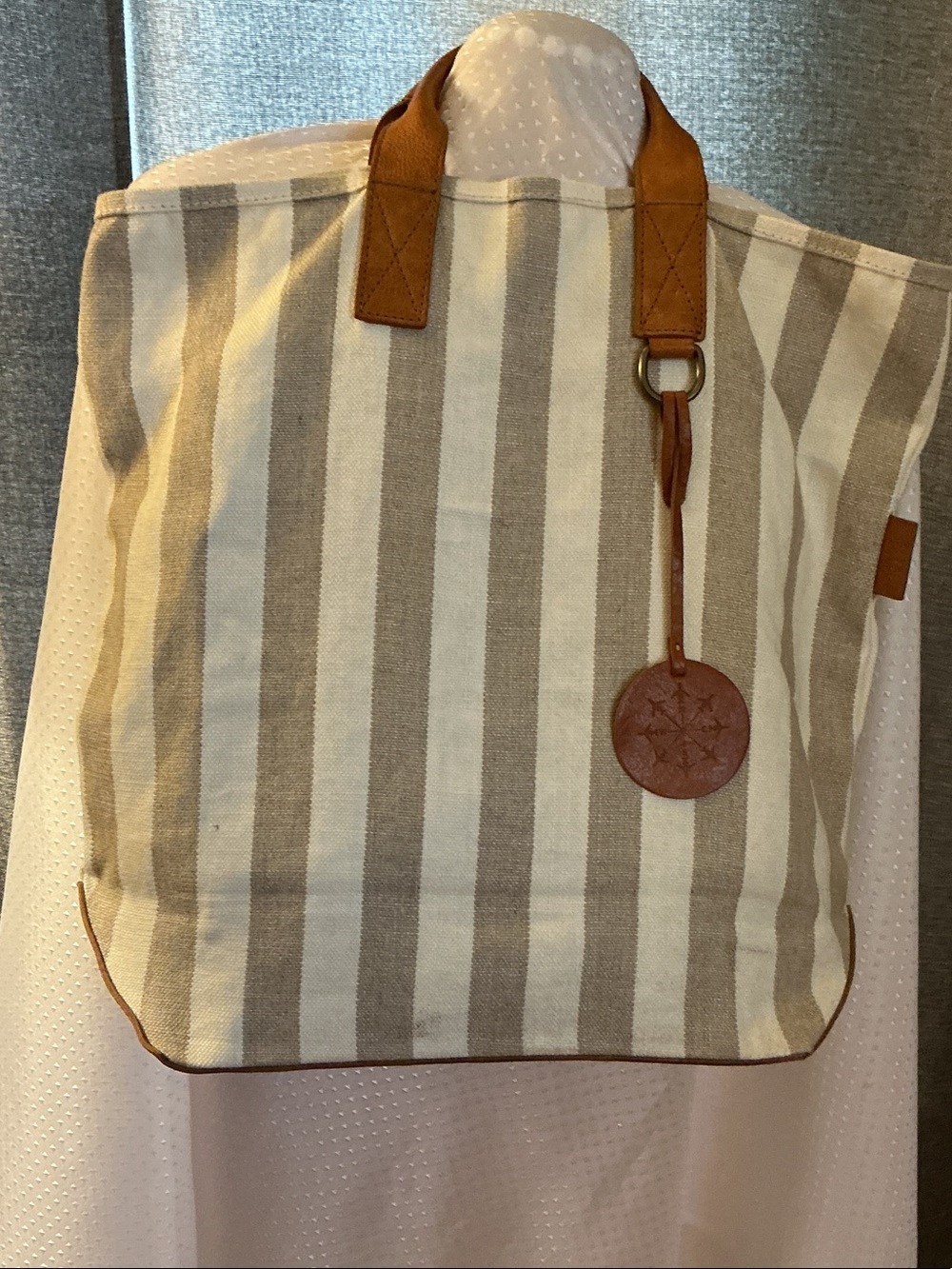 Striped Canvas Tote with Brown Leather Trim